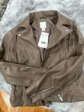 H&M Faux Leather Biker Jacket in Taupe